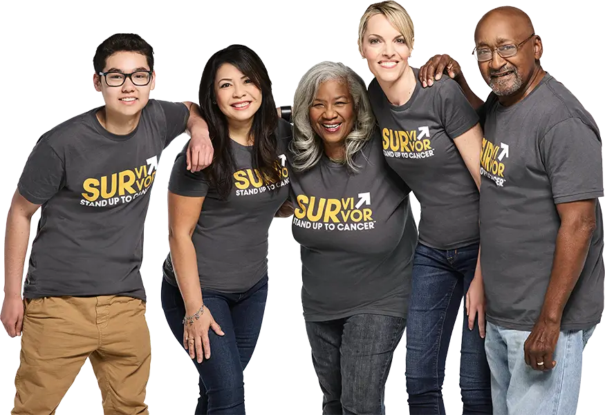 equipe Stand Up to Cancer usando camiseta personalizada
