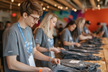 o logo do evento aparece no peito, garantindo identificação imediata.